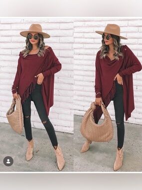 NWT! Vici/ Love Stitch Shawl Fringe Cardigan in Merlot